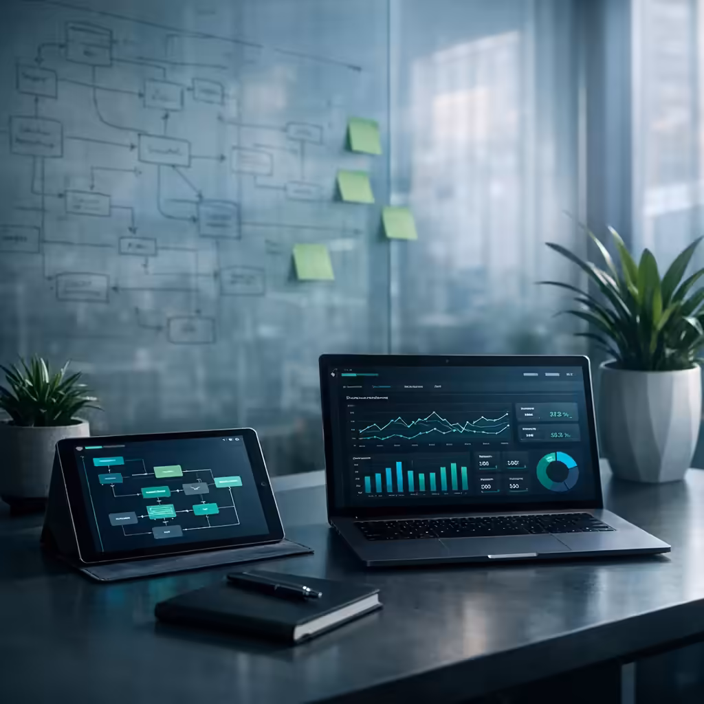 Operations strategist's workspace with system architecture diagrams