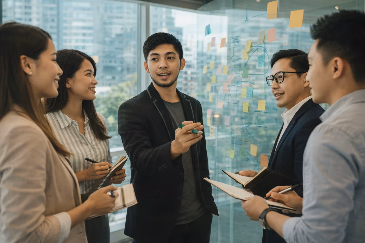 Teammates around a sticky-note covered glass wall mid-brainstorm