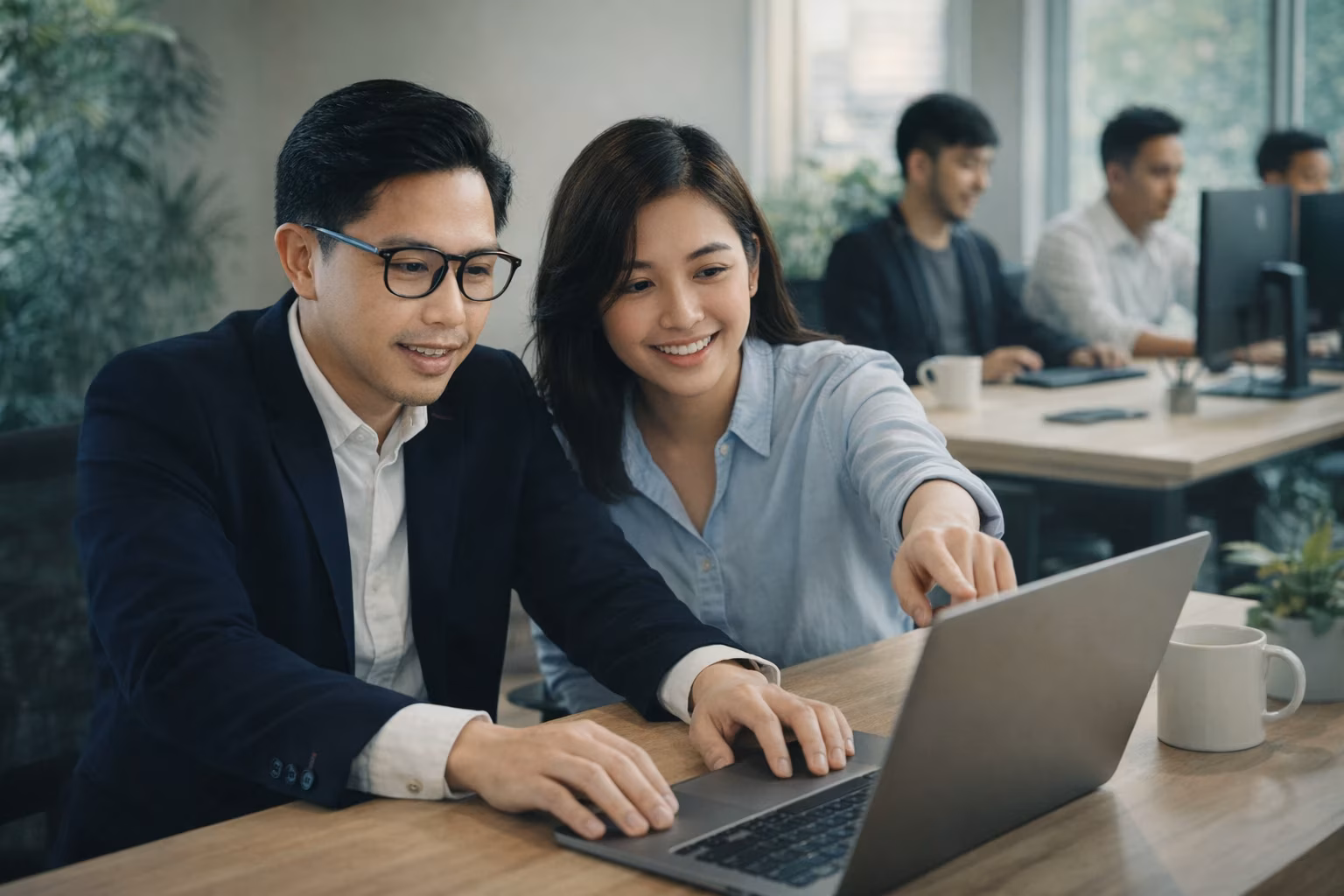 Two teammates pair-working at a single laptop