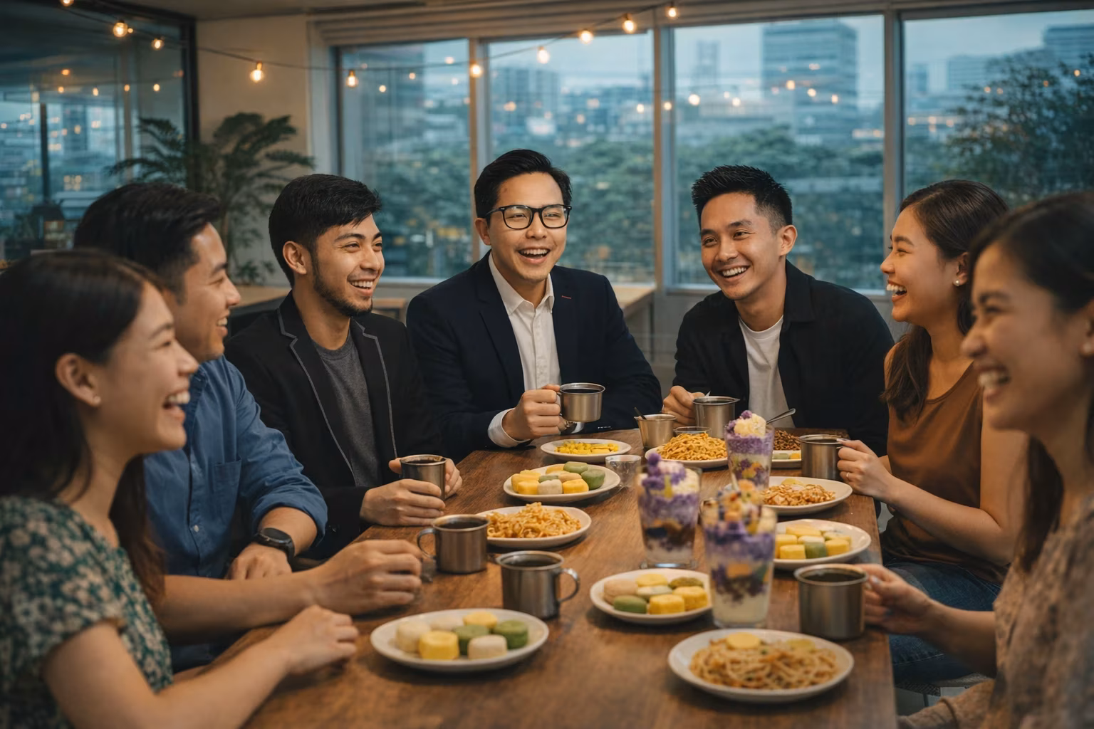 Team merienda gathering with Filipino snacks on a long office table
