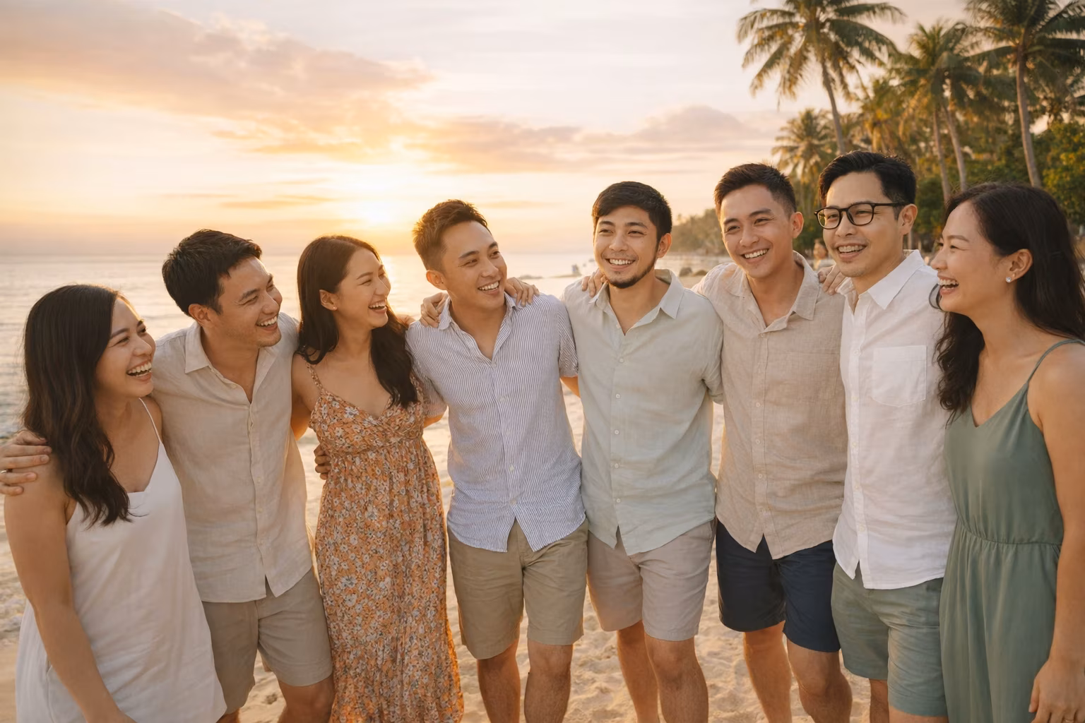 Team outing at a coastal Philippine resort during golden hour